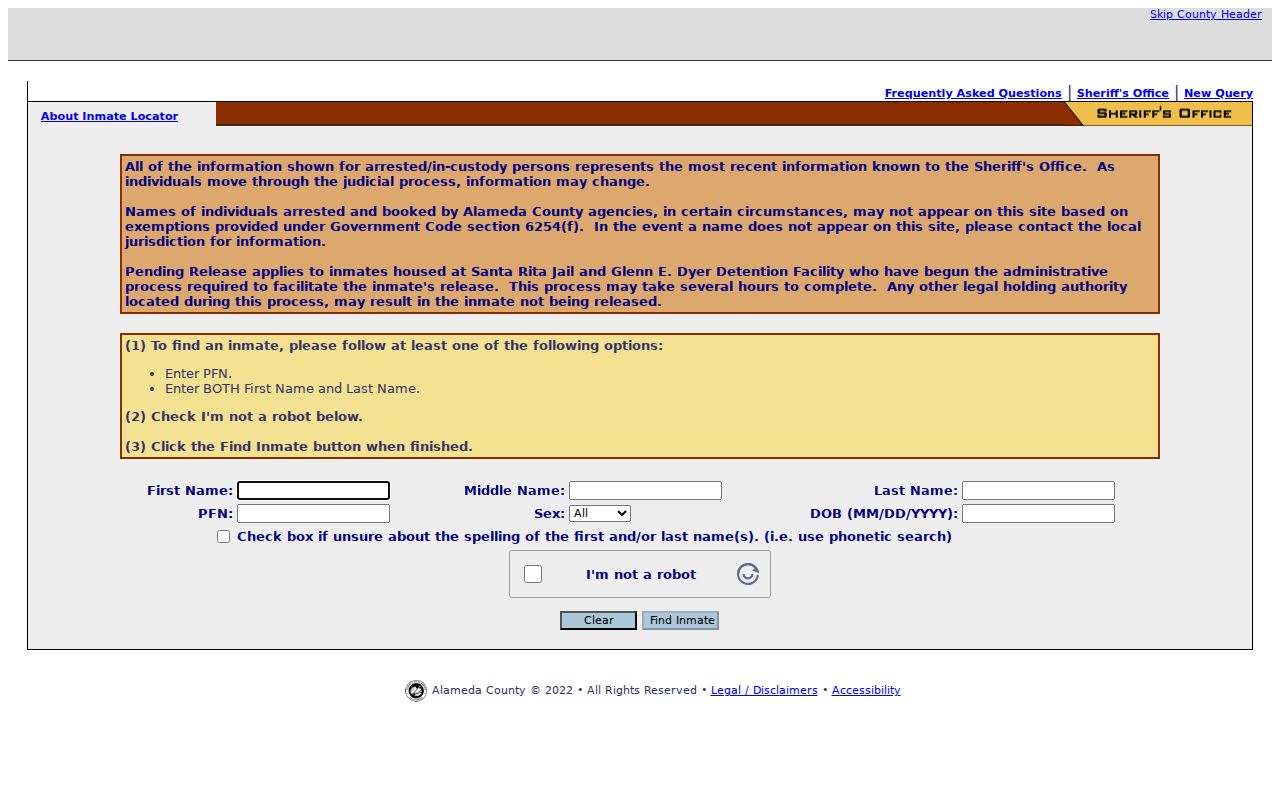 Alameda County arrest lookup and inmate locator search fields