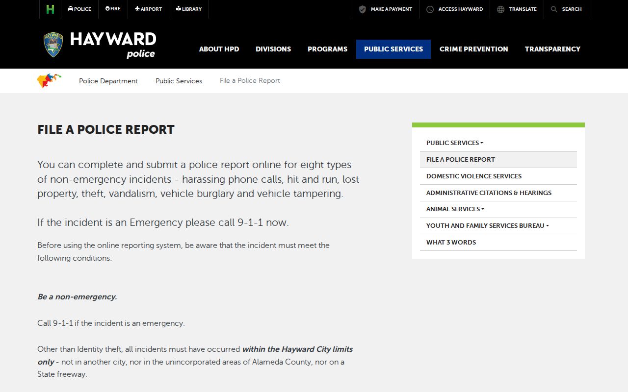 Hayward criminal records online police report filing page