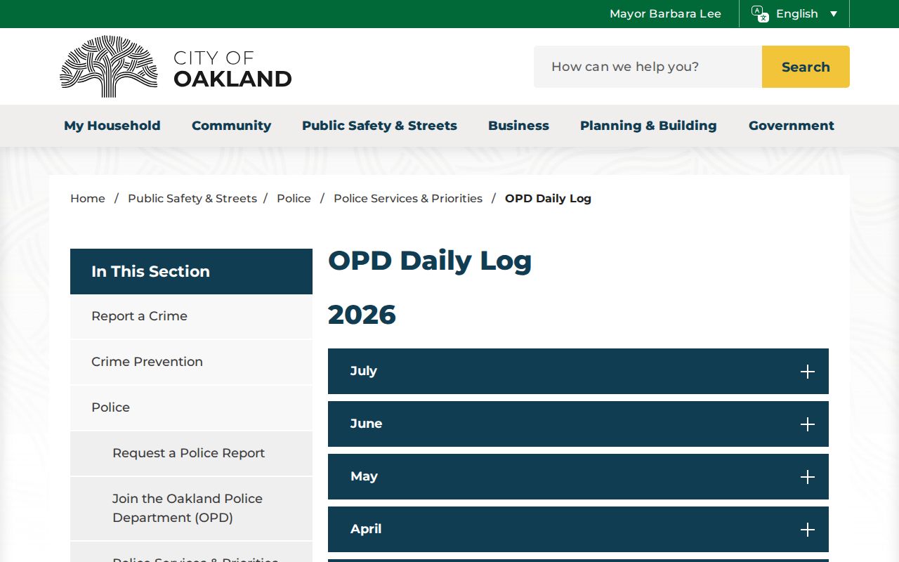 Oakland Police Daily Log with dated incident and arrest activity files