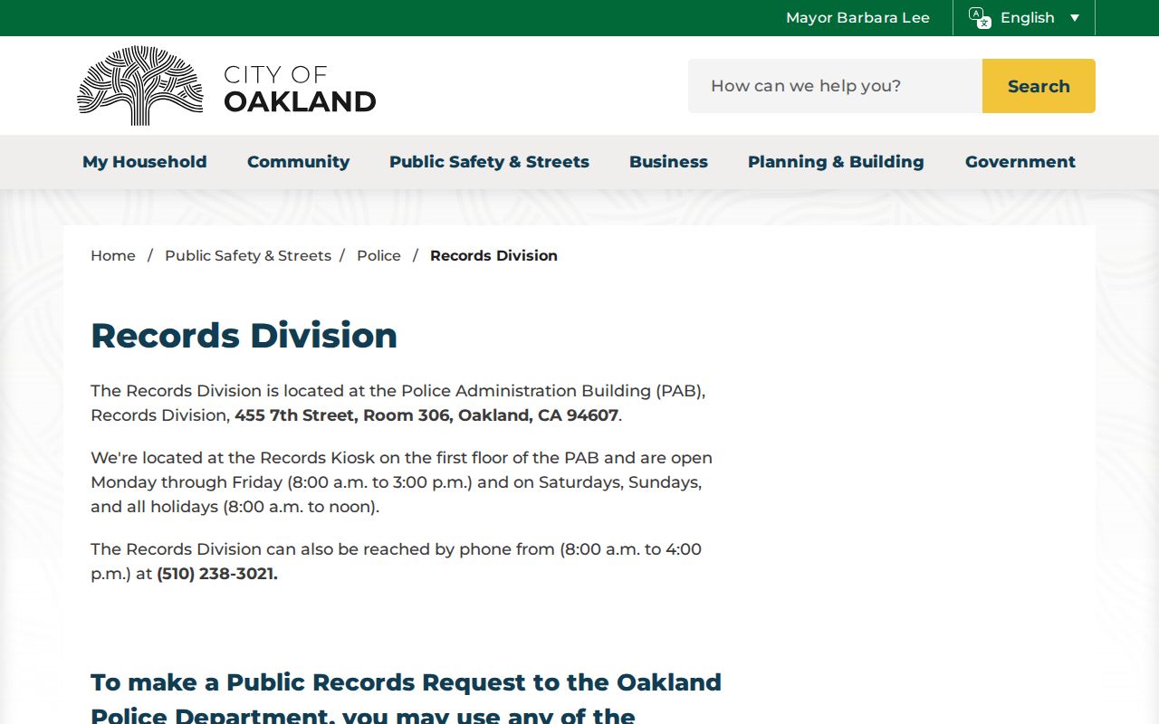 Oakland Police Records Division request channels and contact information