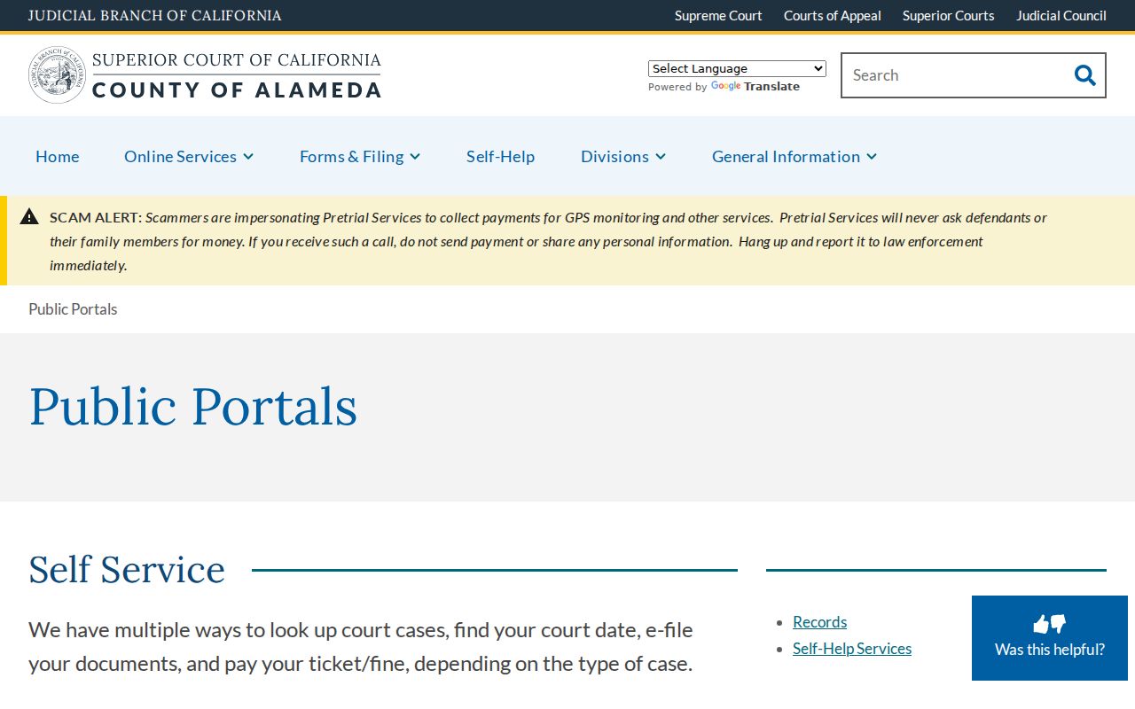 Alameda County criminal court public portal access page
