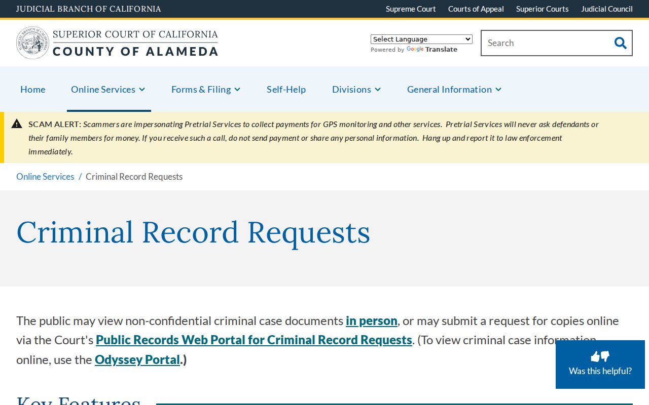 Alameda County criminal court case record request portal