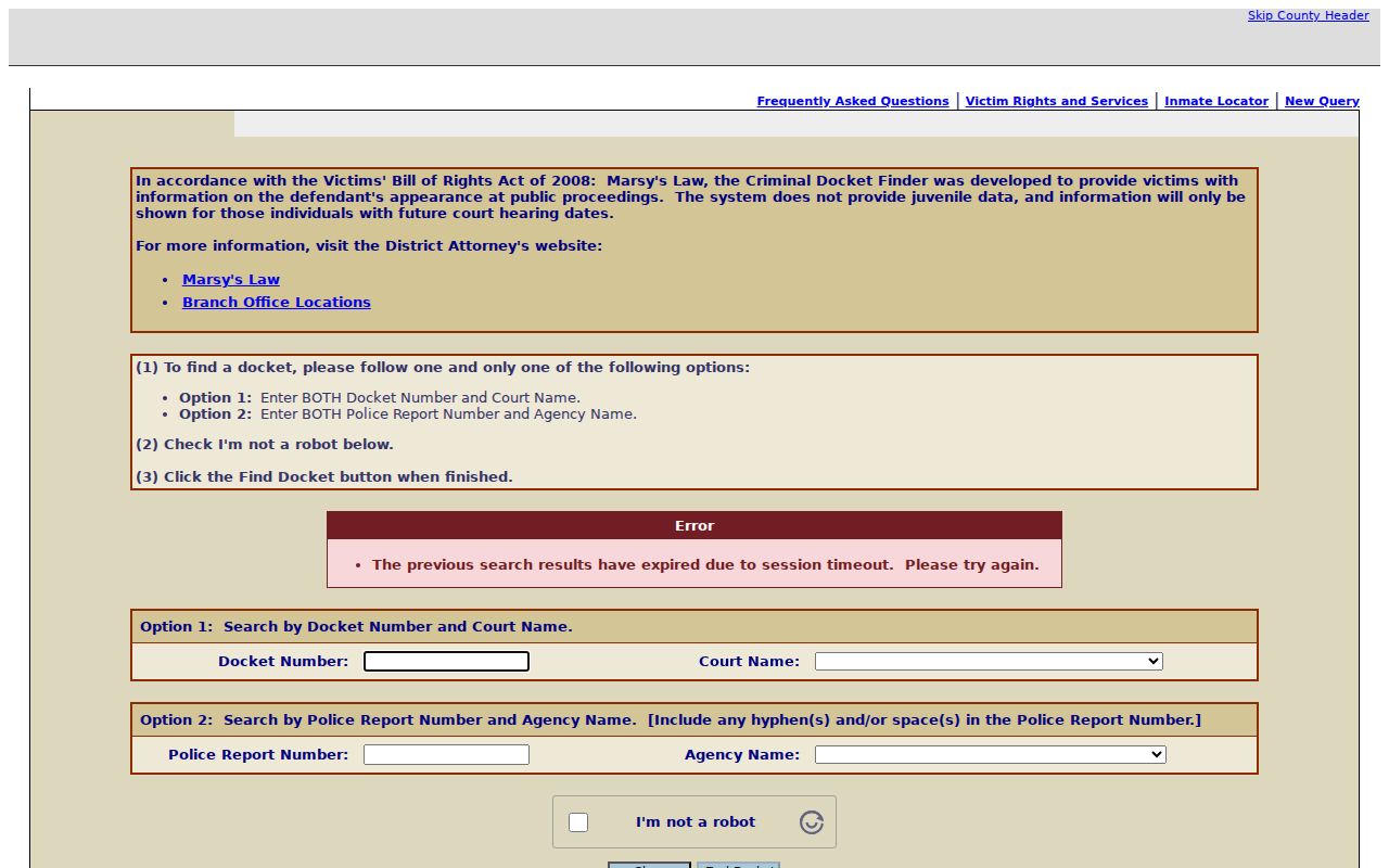 Alameda County criminal court case Docket Finder fields