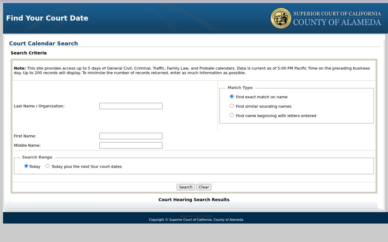 Alameda County criminal court case Find Your Court Date search