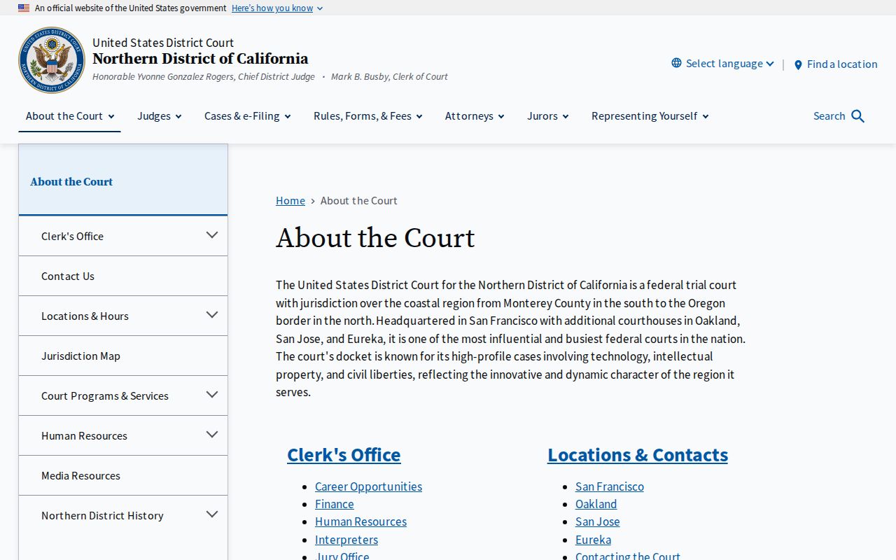 Northern District court information for federal criminal cases in Alameda County