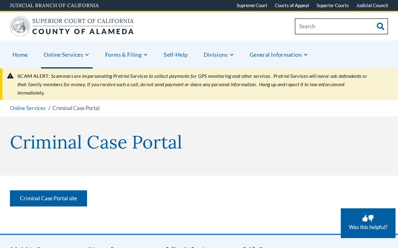 Alameda Superior Court criminal case portal landing page
