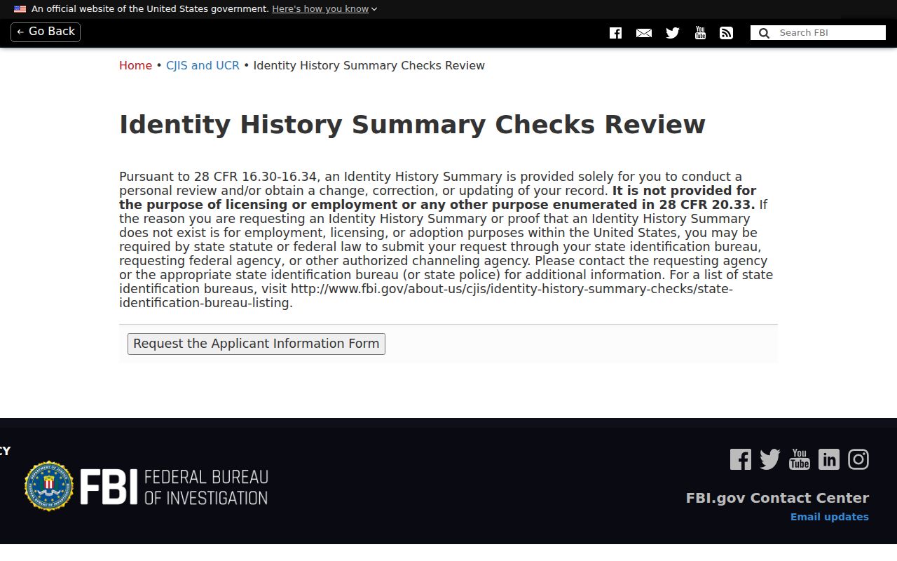 FBI Identity History Summary self-review request page
