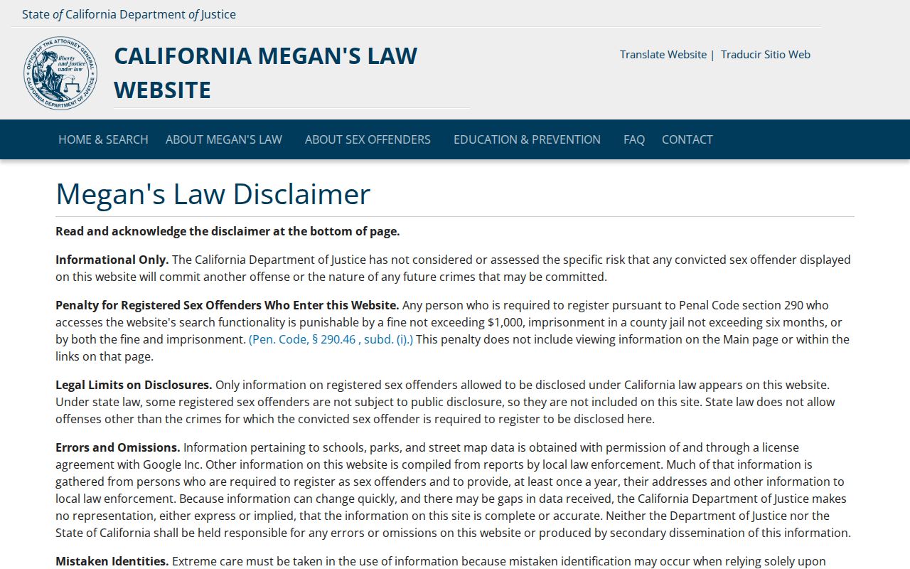 Alameda County sex offender search on the California Megan's Law Website